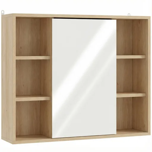 HOMCOM Mobilier de baie cu oglindă, dulap cu ușă și 6 compartimente deschise, 60 x 14,5 x 49,4 cm, lemn natural | Aosom Romania