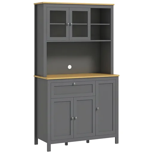 HOMCOM Armarie de bucătărie bufet de bucătărie 5 uși dintre care 2 uși din sticlă și 1 sertar, 1 nișă centrală - înălțime 180 cm gri | Aosom Romania