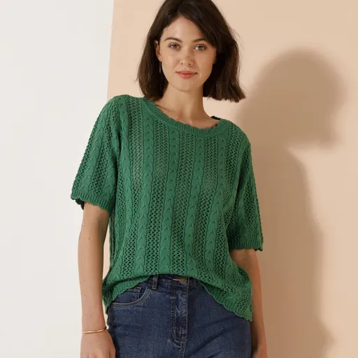 Bluză cu decolteu rotund, din dantelă tricotată