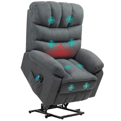 HOMCOM Fotoliu de ridicare, fotoliu electric de relaxare cu funcție de masaj, fotoliu capitonat cu funcție de ridicare, oțel, material textil, Gri | A