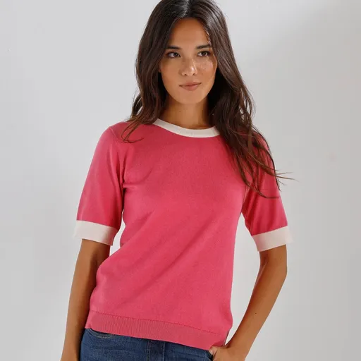 Tricou tricotat cu mânecă scurtă și garnituri contrastante