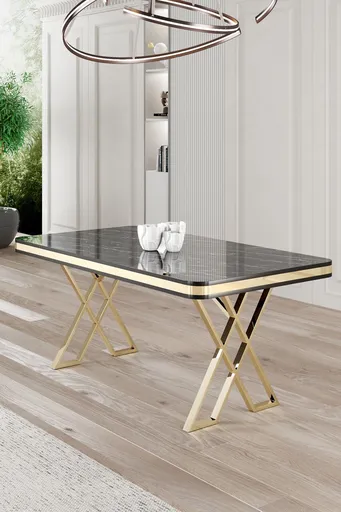 Masa, Hanah Home, Vals, 130x74x80 cm, Marmură neagră / Aur