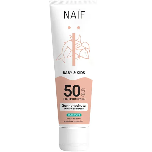 NAÏF Cremă de protecție solară pentru copii și bebeluși fără parfum SPF 50 Baby & Kids (Mineral Sunscreen 0% Parfume) 100 ml