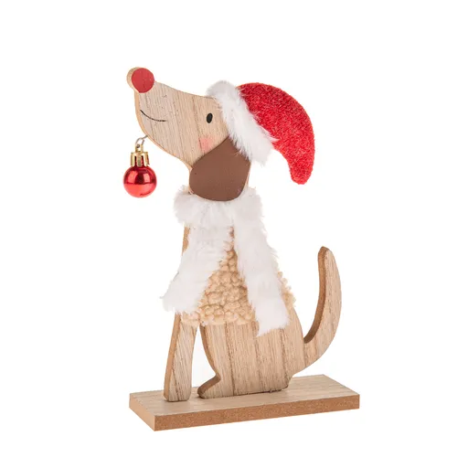 Decorațiune de Crăciun Câine din lemn cu căciulă,21 cm