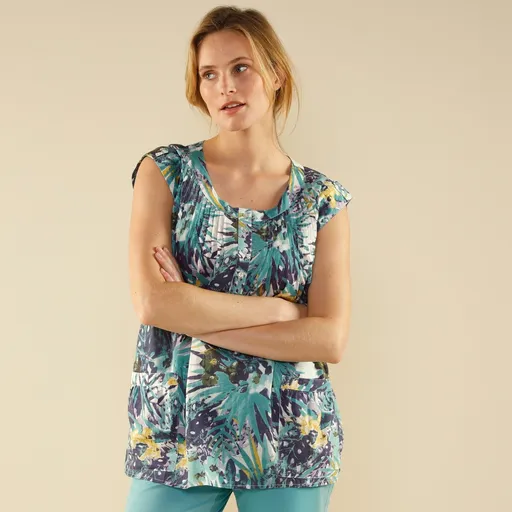 Tunică cu decolteu cu nasturi și imprimeu tropical