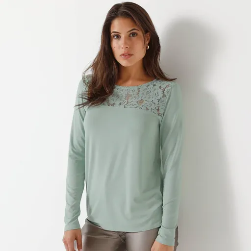 Tricou cu decolteu rotund, mâneci lungi și dantelă
