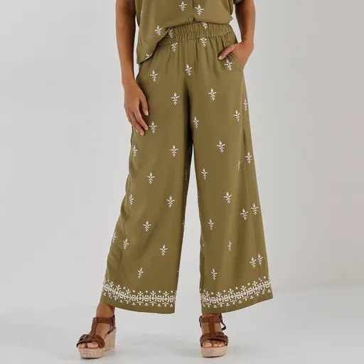 Pantaloni largi cu talie elastică și imprimeu etnic