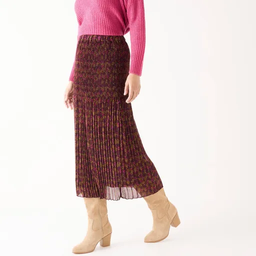 Fustă lungă plisată, voal imprimat