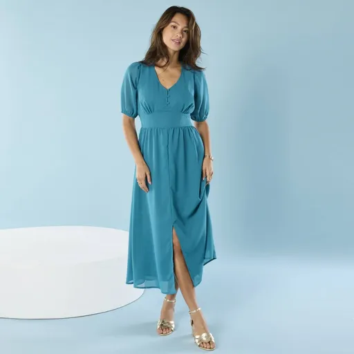 Rochie lungă din voal cu un singur umăr pentru siluete mici