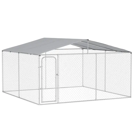 PawHut Țarc pentru Câini Talie Medie, Metal Galvanizat, Acoperiș Oxford, Ușă cu Zăvor, 400x230x232 cm, Argintiu | Aosom Romania