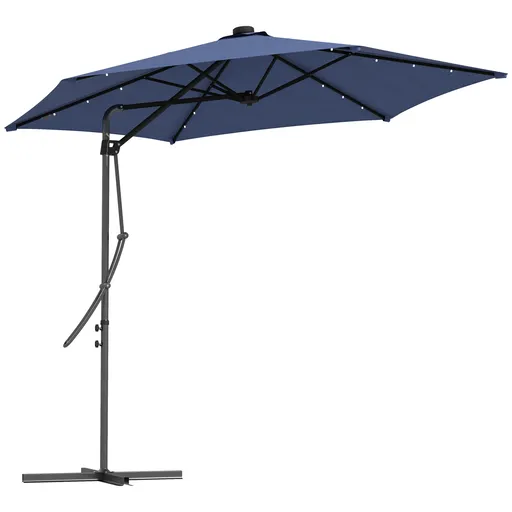 Outsunny Umbrelă de grădină, Umbrelă cu braț, LED-uri, Modul solar, rezistent la intemperii, inclusiv husă de protecție, Ø290 x 260 cm, Albastru închi