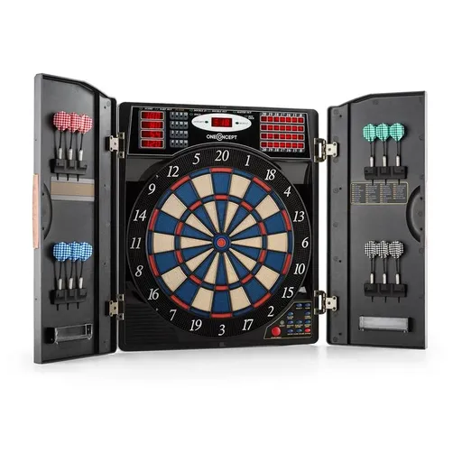 OneConcept Masterdarter, aspect lemn, țintă de darts, automat de darts, cu vârf moale și uși.