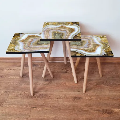 Set masute 3 piese, Hanah Home, 3Shp78, Bej / Auriu / Alb / Negru