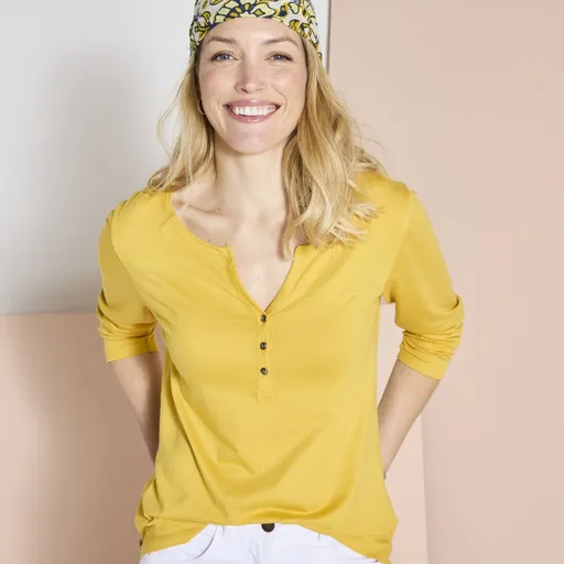 Tricou monocrom cu decolteu tunisian și mâneci lungi