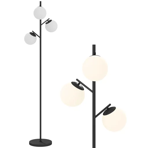 HOMCOM Lampadar de podea în metal cu 3 abajururi globe din sticlă mată albă 40W Ø 27 x 169 cm negru | Aosom Romania