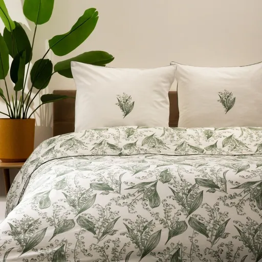 Lenjerie de pat dubla Conwallie, Homla, 3 piese, 160x200 cm, bumbac, alb/verde