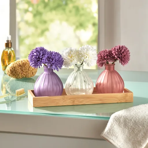 3 vaze din sticlă cu tavă din bambus