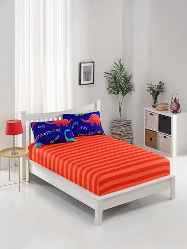 Set de pat pentru o persoana (cearceaf cu elastic si perna) 2 piese, L'essentiel Maison, Dinazorus, 65% bumbac/35% poliester, Blue / Red / Orange / Bl