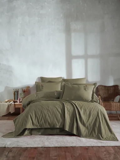 Set cuvertura de pat dubla 3 piese, L'essentiel Maison, Noris, Bumbac, Kaki