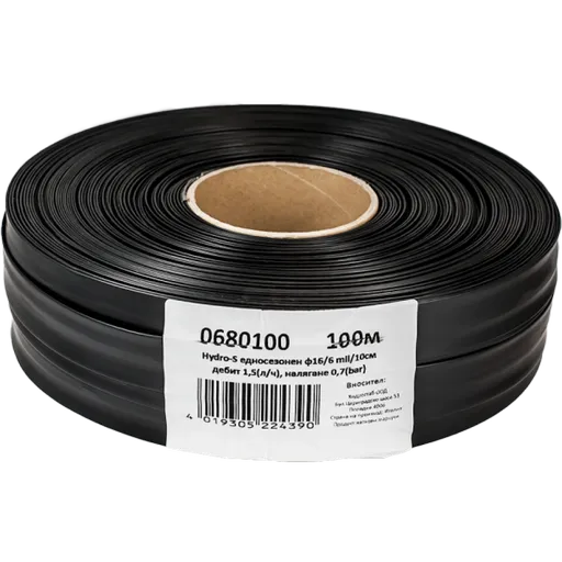 Banda de picurare Hydro-Drip, Dimensiune 16mm, Presiune 0.7 bari, Densitate 6mil,Distanta 10 cm, Debit  2 l/min,Rola 100 m