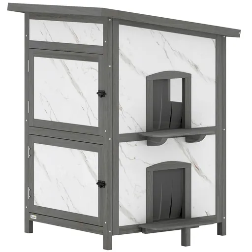 PawHut Căsuță pentru exterior, casă din lemn pentru pisici, intrări multiple, fereastră, rezistent la apă, 60 x 60 x 88 cm, Alb | Aosom Romania