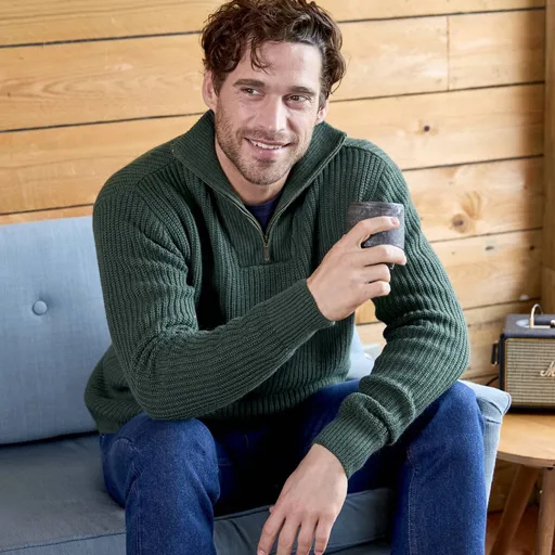 Pulover cu guler ridicat și fermoar, tricotat simplu cu 30% lână