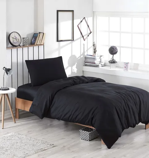 Lenjerie de pat pentru o persoana, L'essentiel Maison, Düzboya, 65% bumbac/35% poliester, Negru