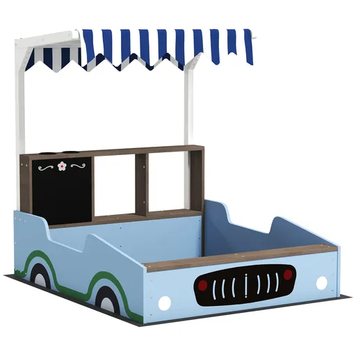 AIYAPLAY Ladă de nisip cu copertină, design magazin alimentar, bancă, tablă de scris, lemn de brad, 104H x 108L x 90B cm, Albastru | Aosom Romania