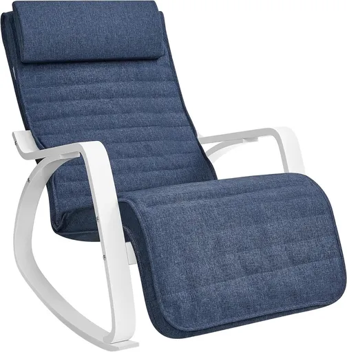 Scaun balansoar reglabil in 5 pozitii, Songmics, 67x121.5x84 cm, max 150 kg, lemn de mesteacan/textil cu aspect de in, albastru/alb