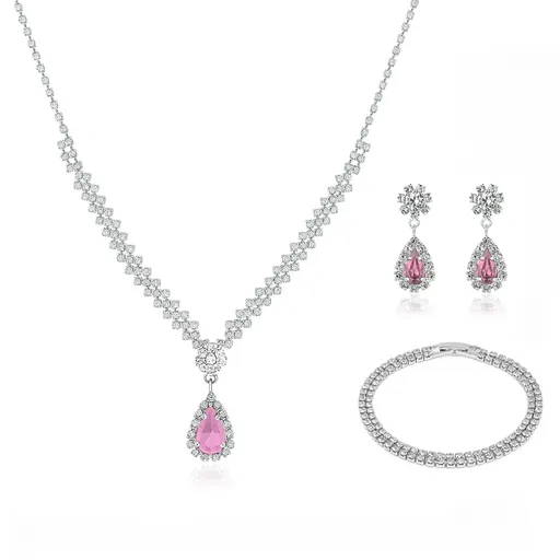 Troli Set de bijuterii pentru femei cu zircon roz Picătură (colier, brățară, cercei)