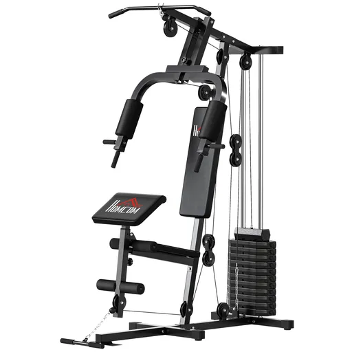 HOMCOM Stație de Fitness pentru Antrenament Acasă cu Scaun și Spătar, Sală de Sport Multifuncțională, 135x103x210 cm, Negru