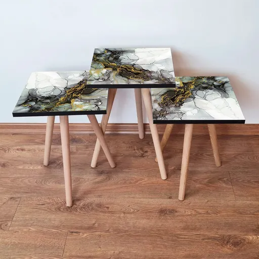 Set masute 3 piese, Hanah Home, 3Shp233, Alb / Gri / Auriu / Muștar