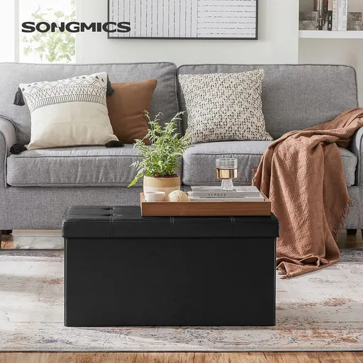 Bancheta cu spatiu pentru depozitare Songmics, 76 x 38 x 38 cm, 80 L, imitatie de piele, negru