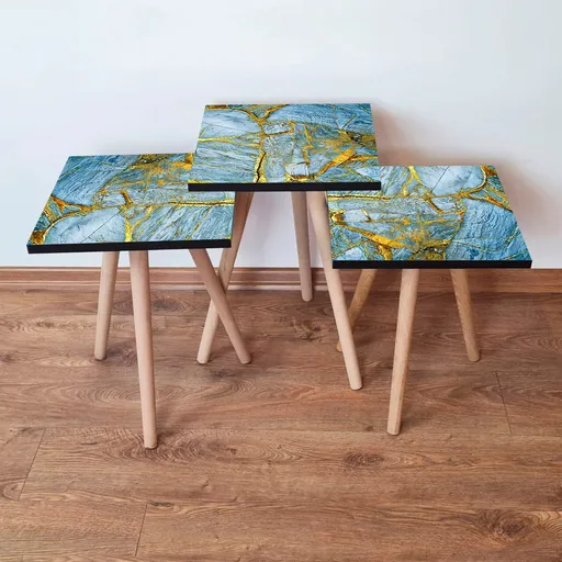 Set masute 3 piese, Hanah Home, 3Shp235, Albastru / Auriu