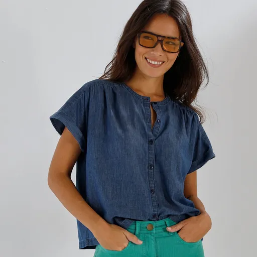 Bluză din denim cu nasturi, mâneci scurte