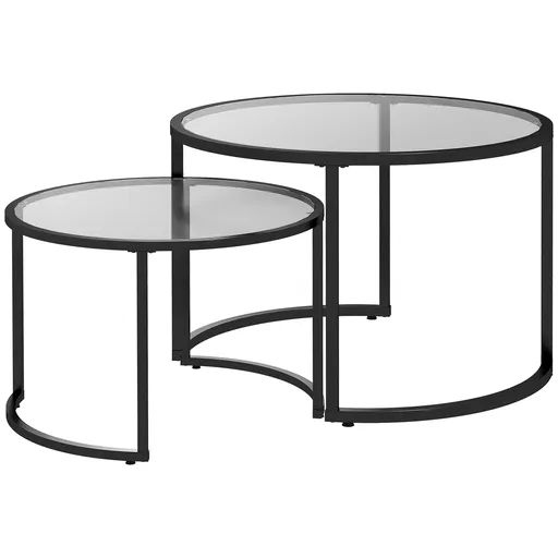 HOMCOM Set de 2 Mese de Cafea Suprapozabile din Sticlă și Oțel, Ø70x47.5 cm și Ø54x42.5 cm, Negru | Aosom Romania