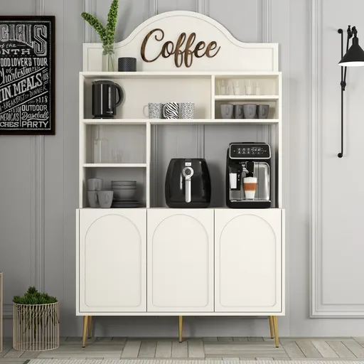 Dulap de bar pentru cafea, Hanah Home, Lyon 120, 120x202x35 cm, Crem / Aur