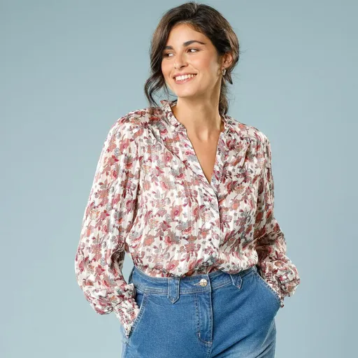 Bluză tip cămașă imprimată, jacard cu dungi, pentru siluetă mică