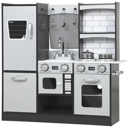 AIYAPLAY Bucătărie de Jucărie pentru Copii 3-8 Ani din Lemn cu Accesorii, Frigider, Chiuvetă și Buton cu Sunete, Maro | Aosom Romania