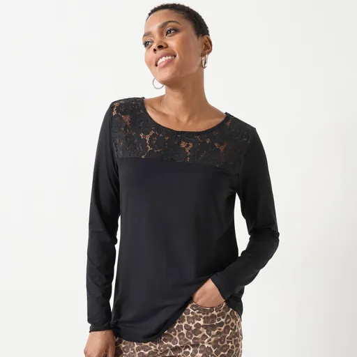 Tricou cu decolteu rotund, mâneci lungi și dantelă