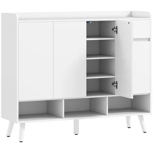 HOMCOM Dulap pentru pantofi cu design fără mânere, 4 uși, 4 rafturi reglabile, raft independent pentru pantofi cu 5 picioare din lemn, lemn, Alb | Aos