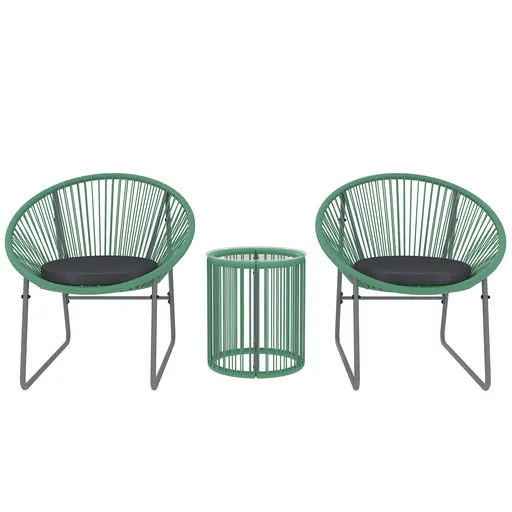 Outsunny Set de mobilier de exterior cu 3 piese, 1 masă, 2 scaune, placă de masă din sticlă, poliratan plastic înfășurat în cadre de oțel, perne moi,