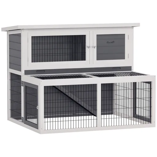 PawHut Hutch cu 2 nivele, cu acoperis rabatabil, cotet pentru iepuri din lemn masiv rezistent la iarna, casa dubla 122x95x93,5 cm gri | Aosom Romania