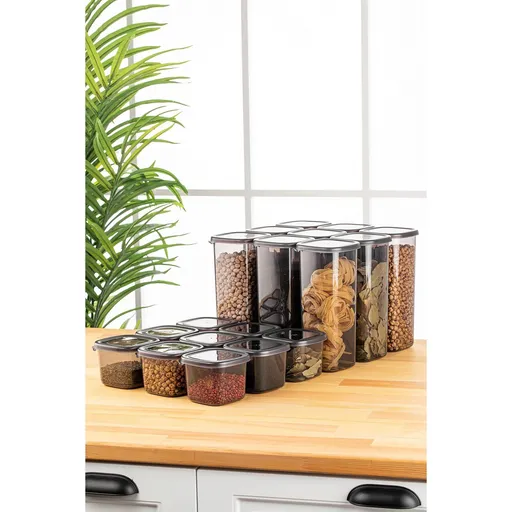 Set recipiente depozitare, Hermia, 964FRM5366, Dimensiune: 10 x 10 x 24,5 cm / 1750 ml (9 bucăți), Antracit
