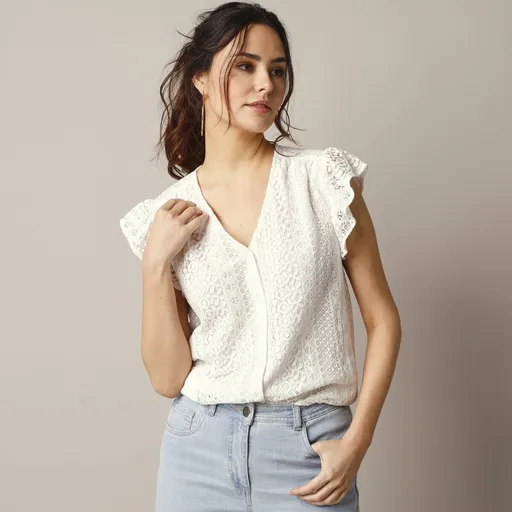 Bluză cămașă cu decolteu în V și dantelă