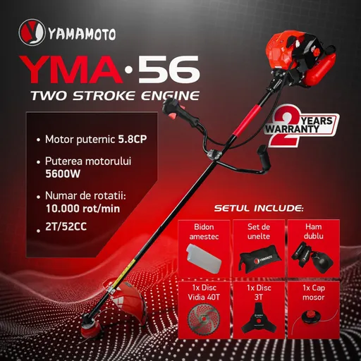 Motocoasa Benzina Yamamoto YMA.56, 2T, 5.8 CP, 10000 rpm