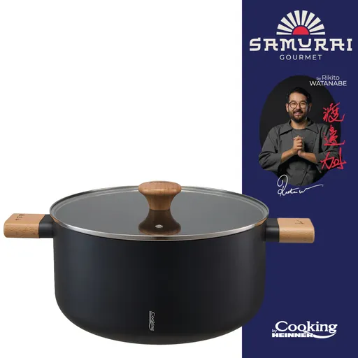Oala cu capac, Samurai Gourmet by Rikito Watanabe si Cooking by Heinner, 28x14 cm, 7.8 L, aluminiu, negru/natur