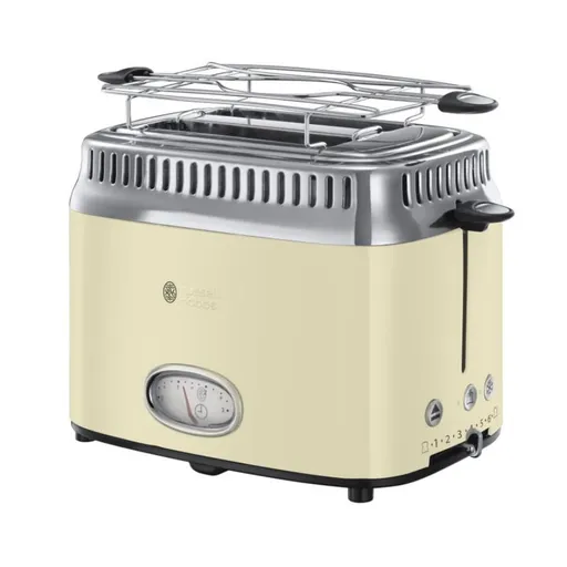 Prajitor de paine Russell Hobbs Retro Vintage Cream 21682-56, 1300W, 2 felii, 6 trepte, Indicator retro, Lift & Look, Quick Toast, Cream/Inox
