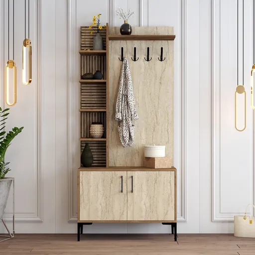 Cuier de perete, Hanah Home, Viyana D, 90x200x35 cm, Nuc / Travertin