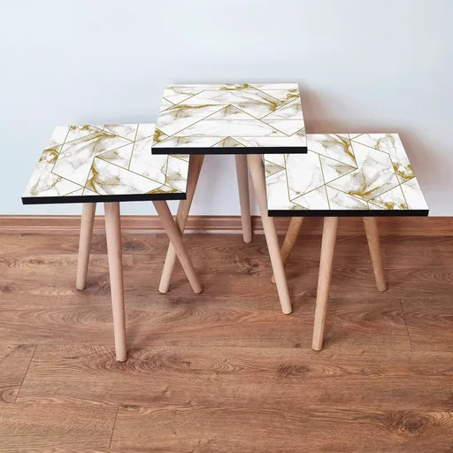 Set masute 3 piese, Hanah Home, 3Shp228, Alb/Auriu